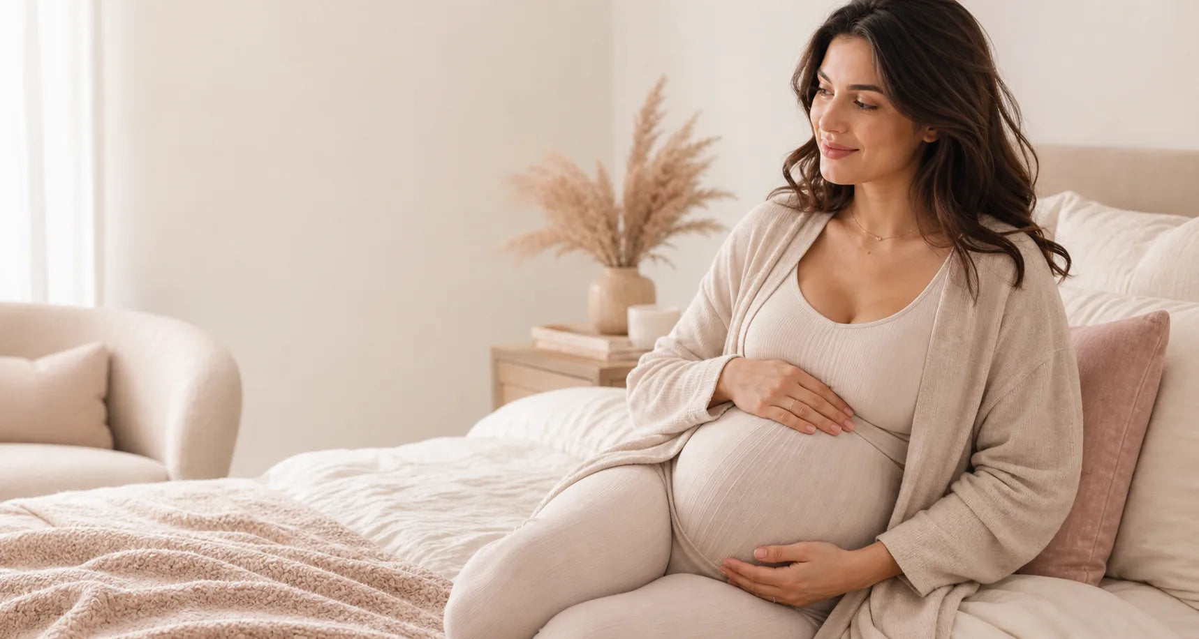 Expecting mother relaxing in soft maternity essentials