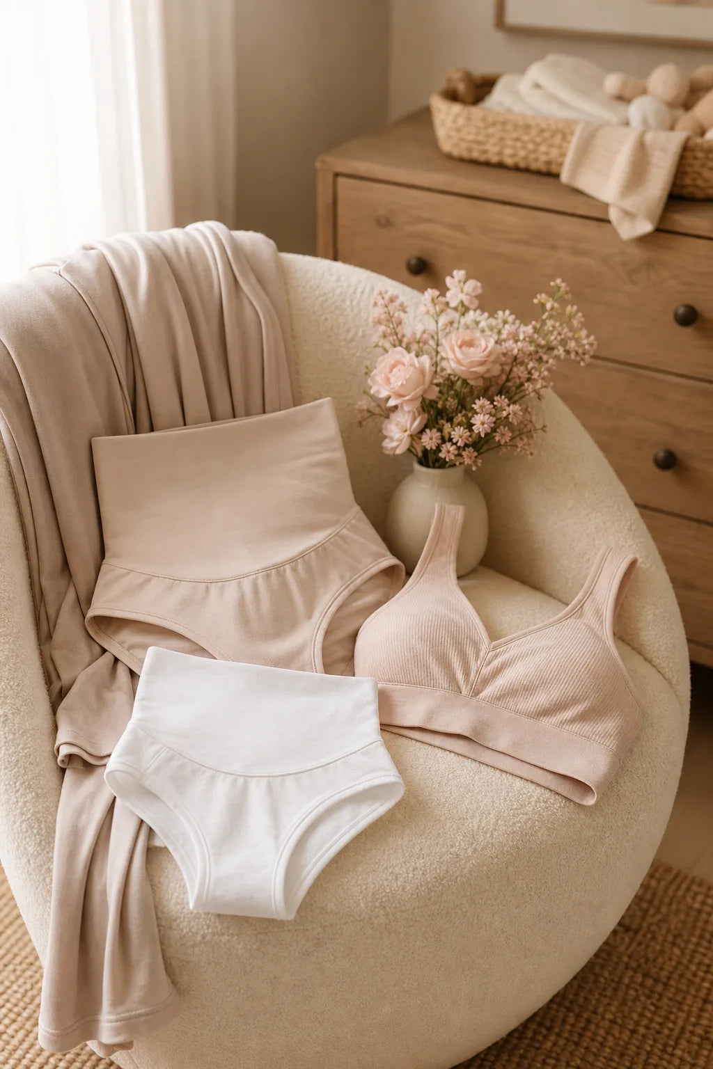 Soft maternity essentials arranged in a calm nursery