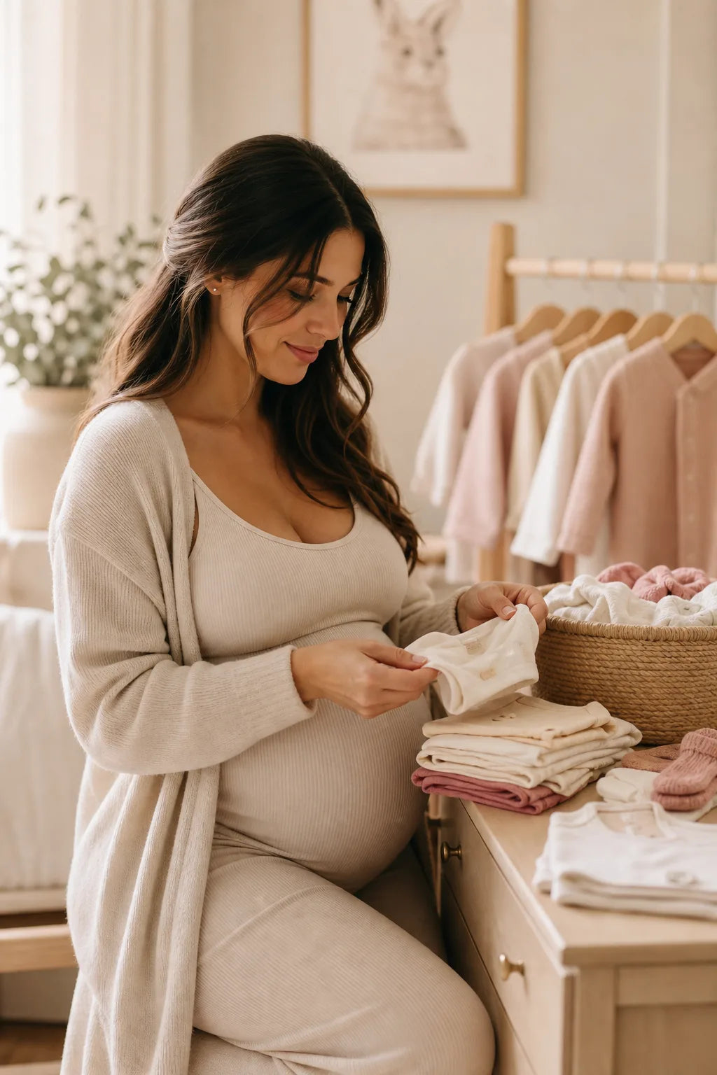 Expecting mother preparing soft baby clothes in a calm nursery