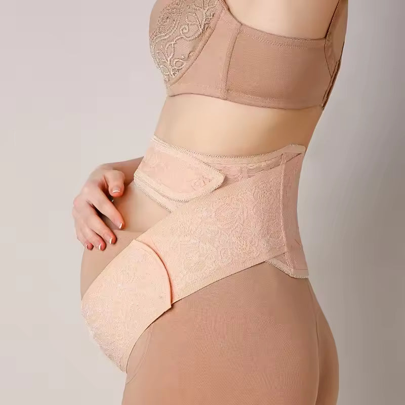 Side view of maternity support belt wrapping around the lower back and belly