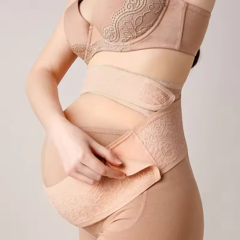 Pregnant woman adjusting the maternity support belt hook and loop closure