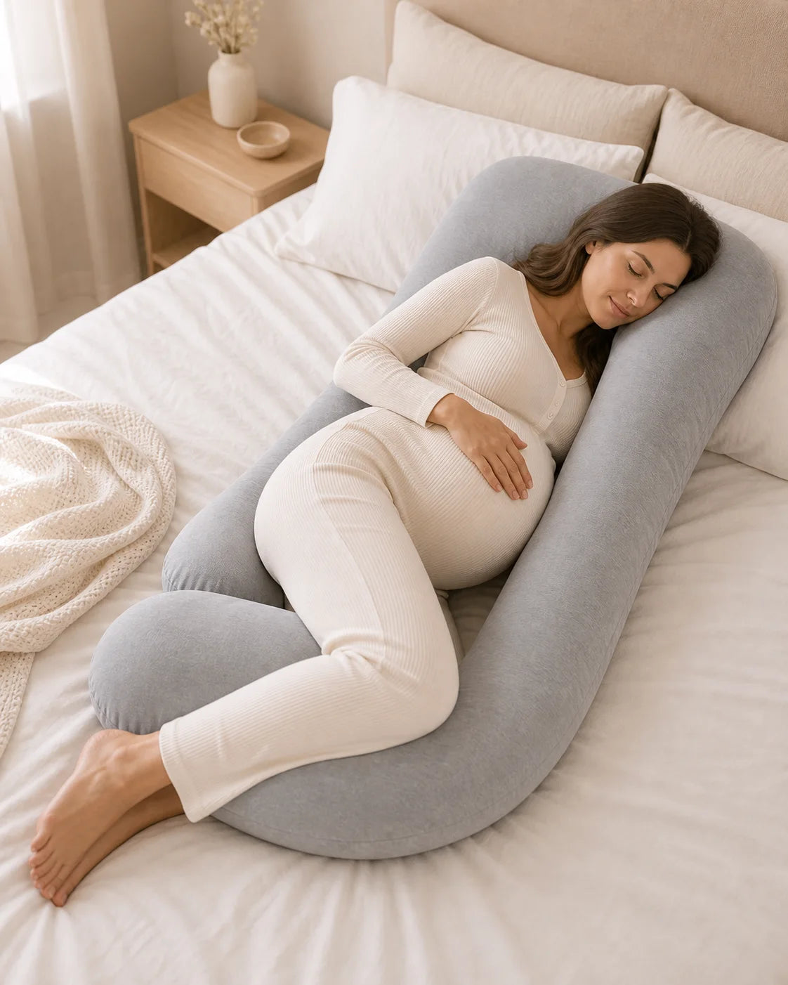 Expecting mother resting with a gray full-body pregnancy pillow