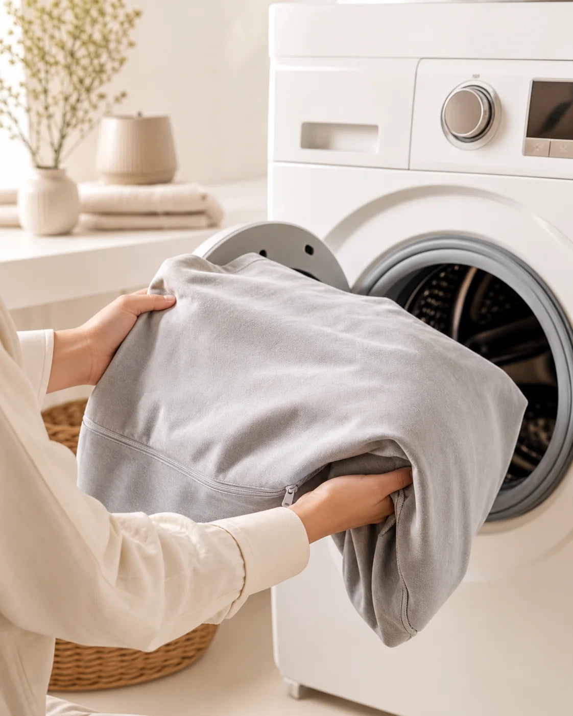 Removable gray pregnancy pillow cover beside a washing machine