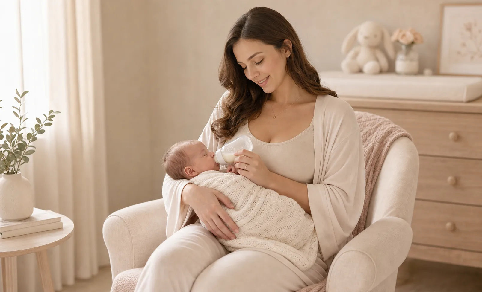 Mother gently feeding her newborn in a soft nursery scene for maternity and nursing bra comfort
