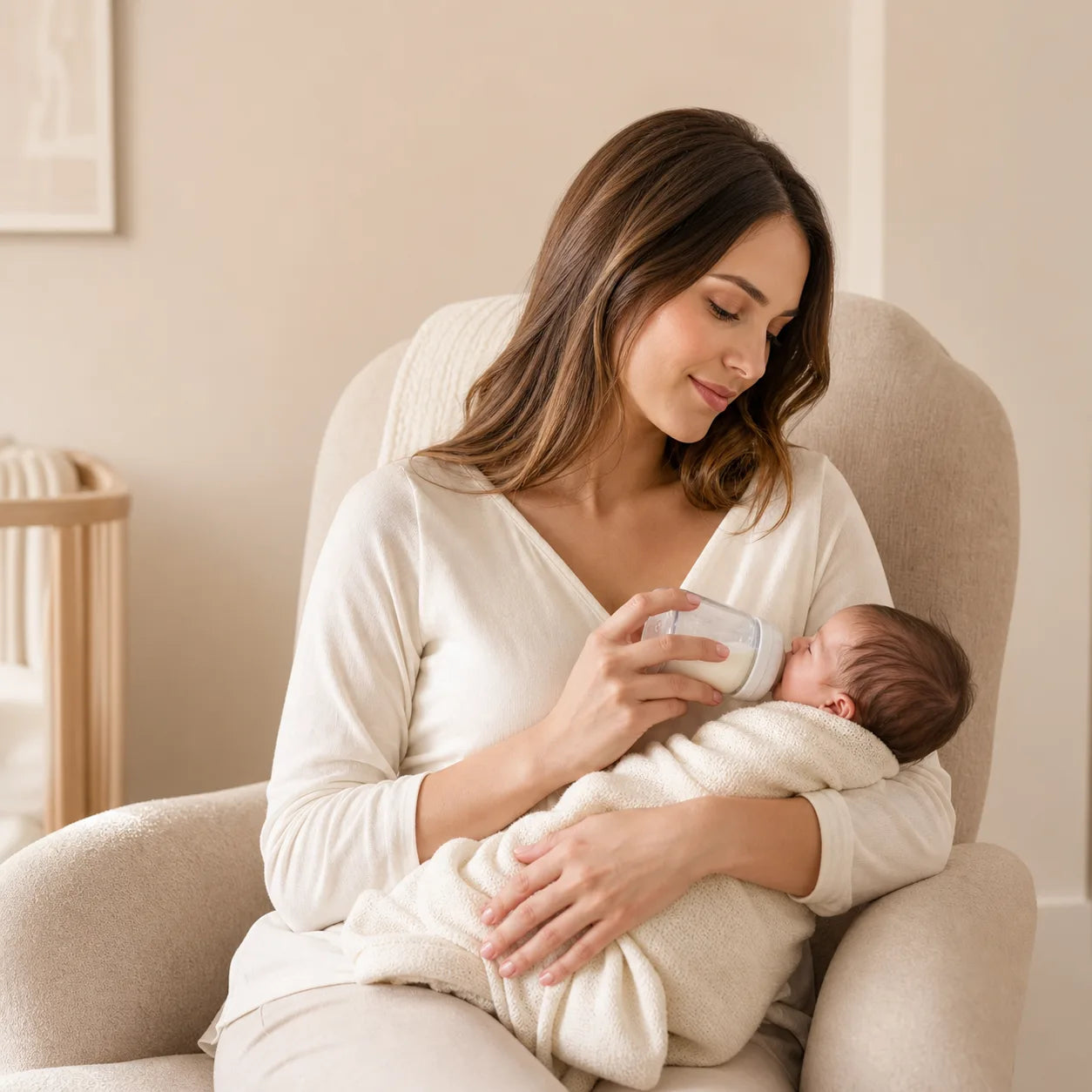 Mother bottle-feeding her newborn in a calm cream nursery chair