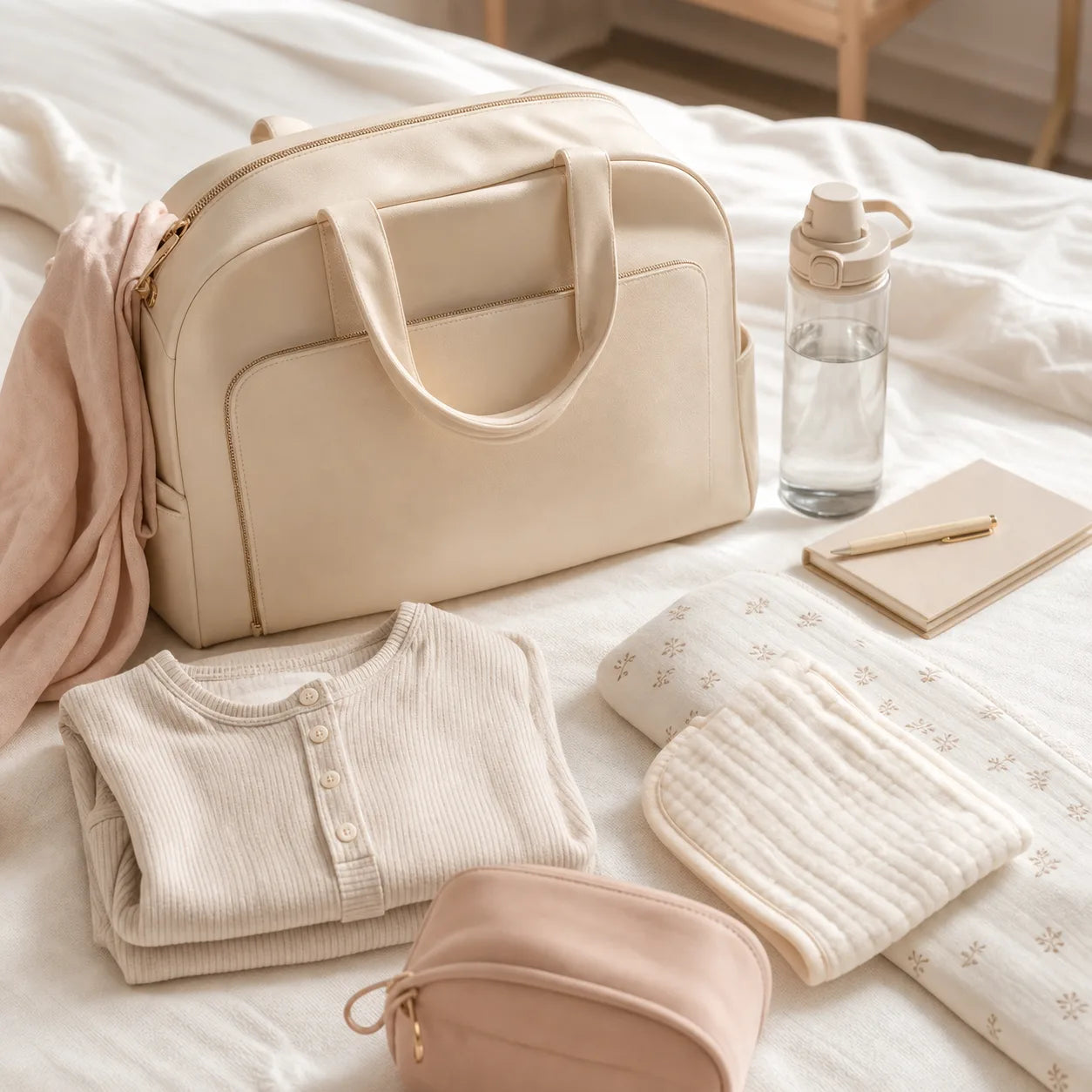 Premium hospital bag and soft postpartum essentials arranged on a cream bed