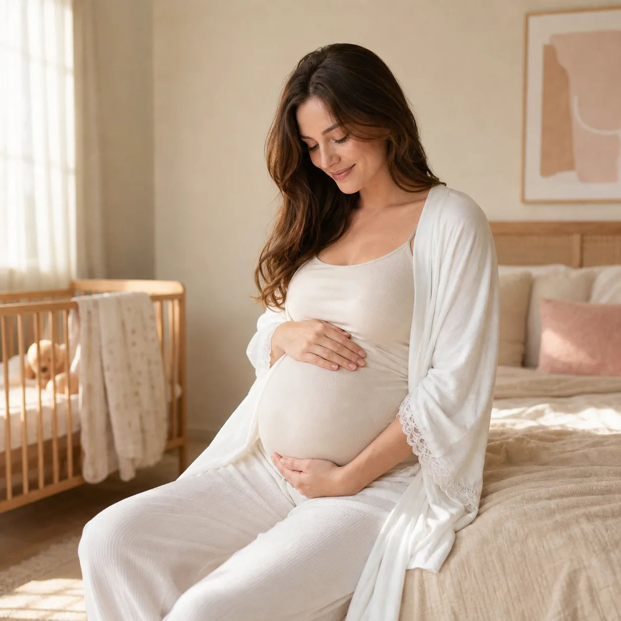 Expecting mother in a soft nursery scene wearing comfortable maternity layers