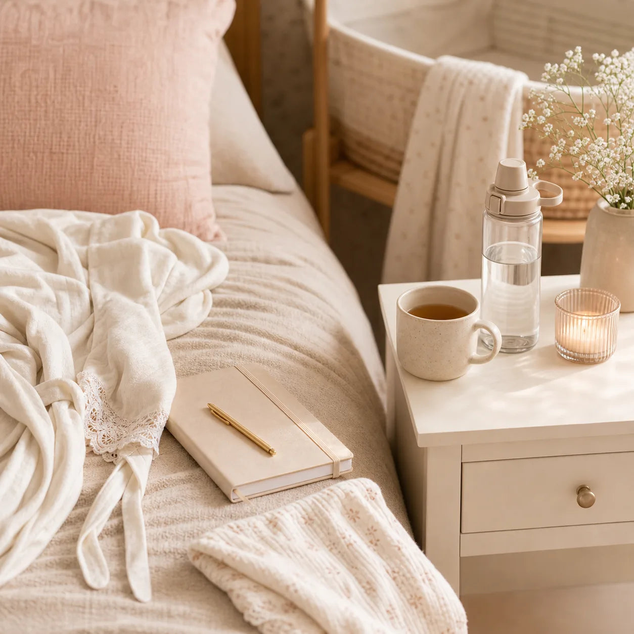 Soft postpartum recovery routine with tea water journal and baby blanket