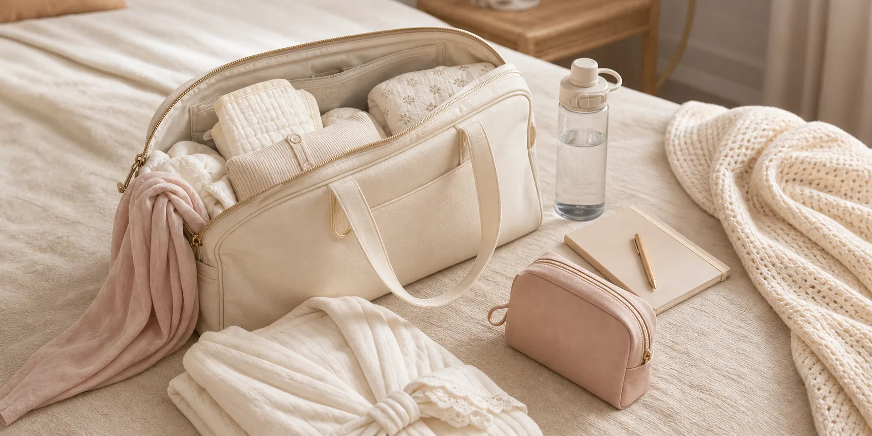 Cream hospital bag with soft postpartum essentials on warm beige bedding