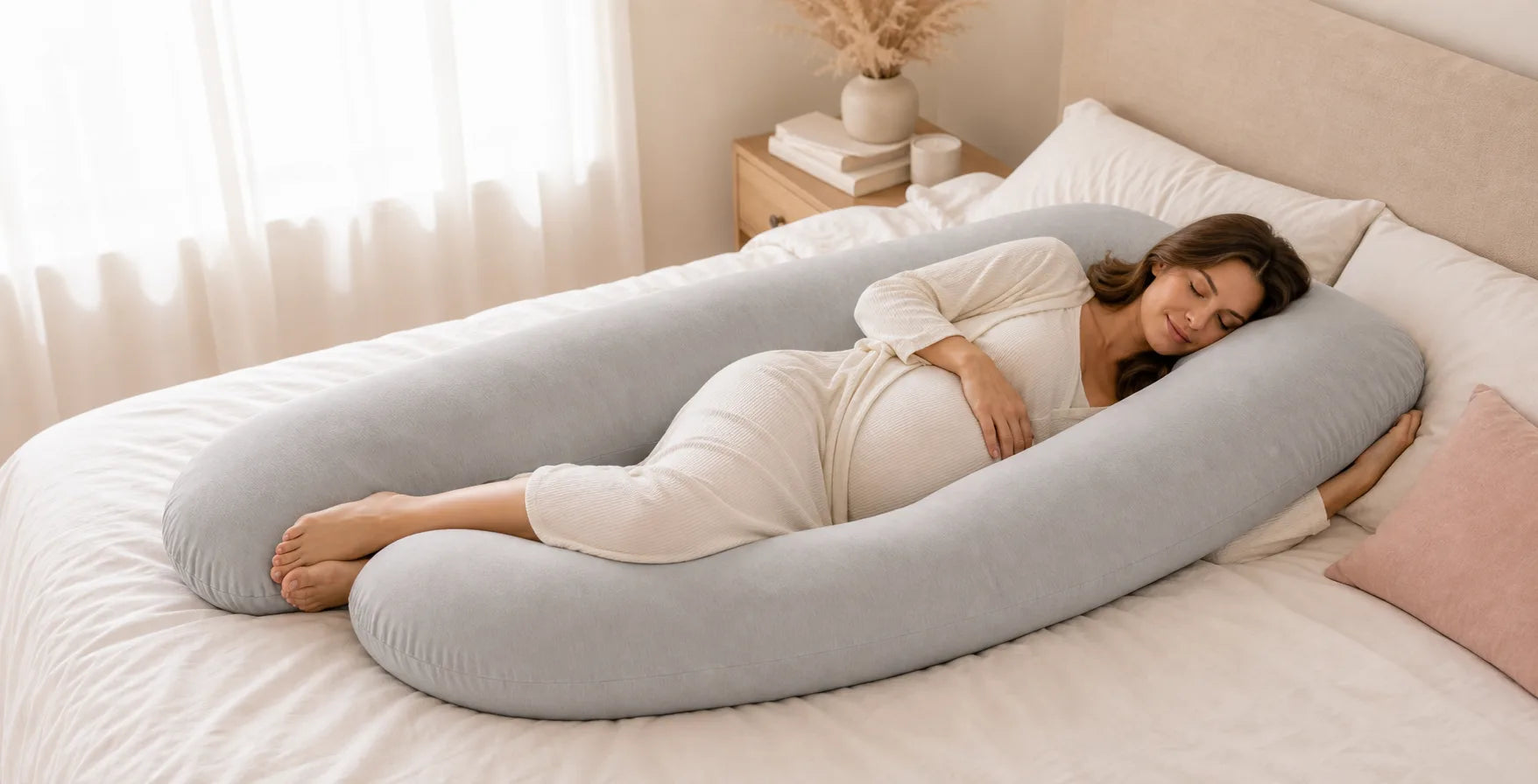 Expecting mother resting horizontally on a light gray U-shaped pregnancy pillow