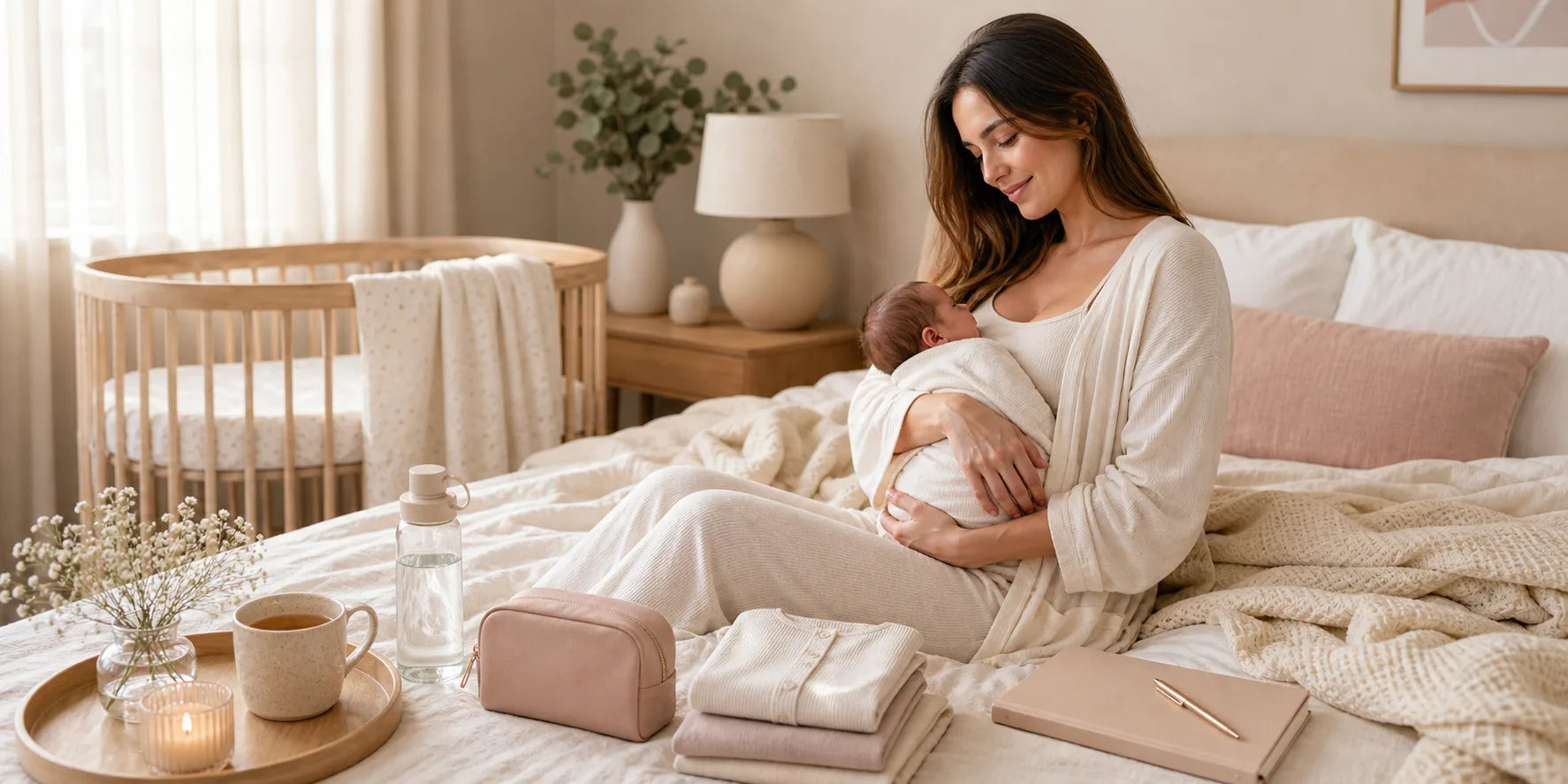 New mother resting with her baby in a soft postpartum home recovery scene