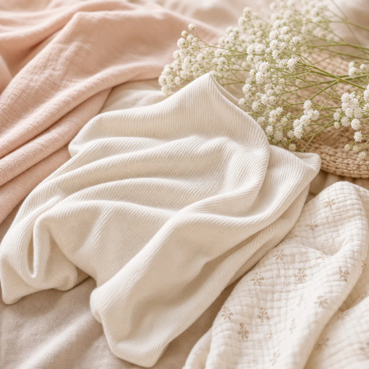 Soft cream cotton fabric and baby muslin styled on warm beige bedding