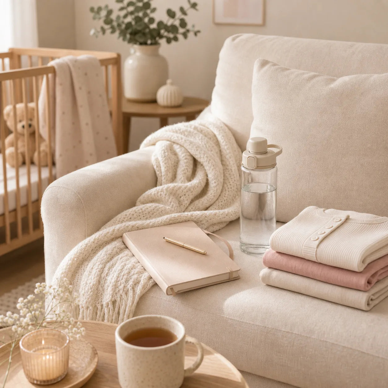Cozy maternity routine with tea journal water bottle and soft nursery details
